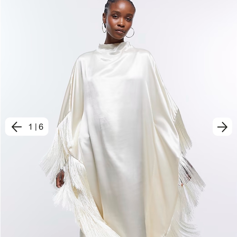 River island cream fringe long sleeve midi dress